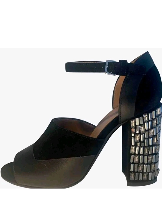 Marni Shoes - Marni Black Suede & Leather Ankle-Strap Block Heel Sandal with Embellished Heel